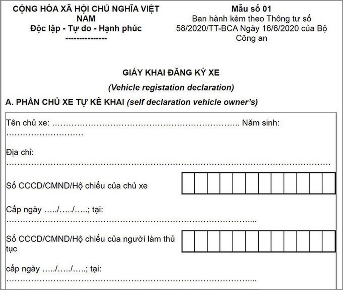 Tờ khai đăng ký xe 